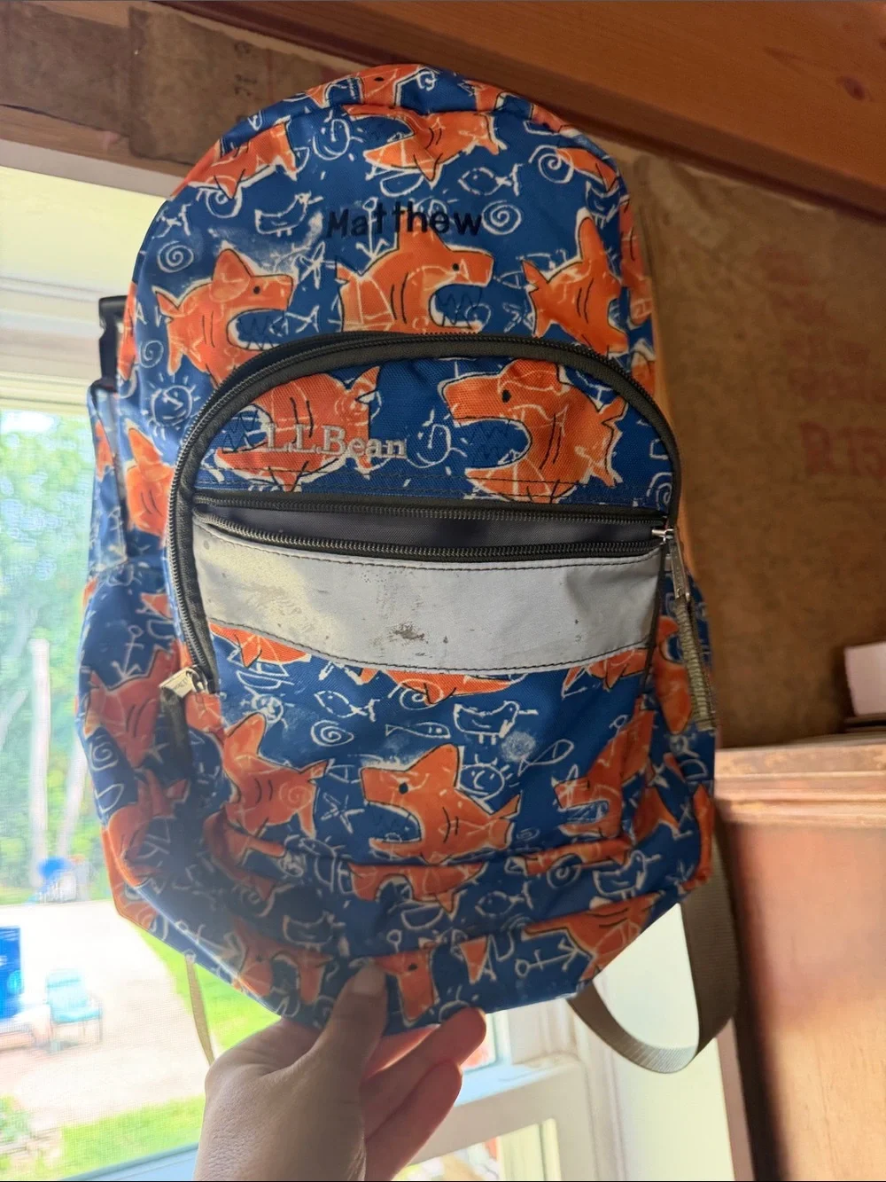 L.L. Bean Blue Backpack with Orange Shark Print